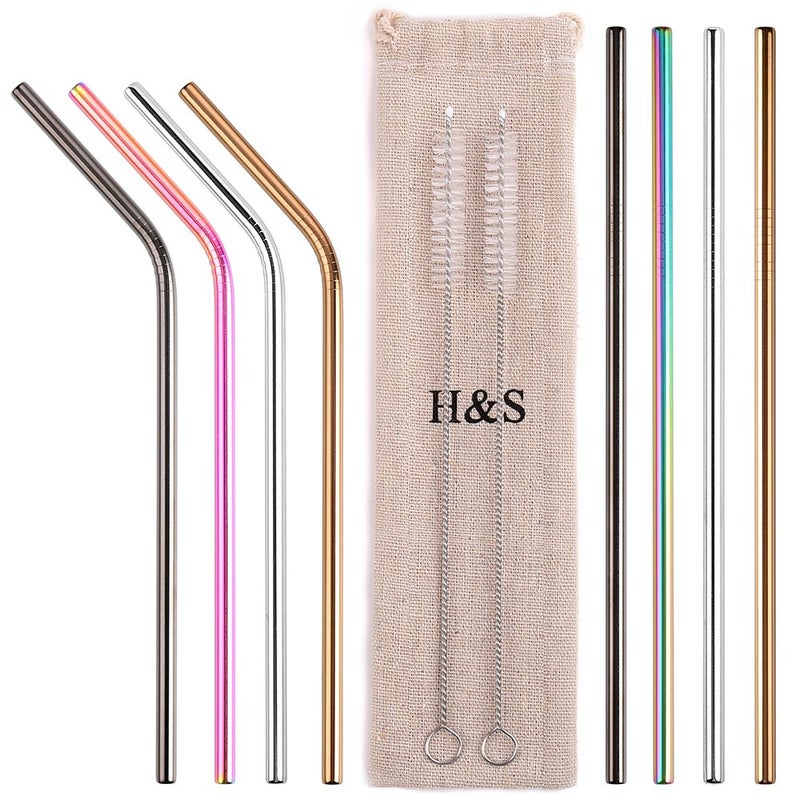 H&S Reusable Metal Straws for Drinking - 8pcs - Multi Colored Stainless Steel Straw Set - With Cleaner Brush & Pouch - Image 1